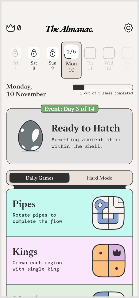 The Almanac home screen with the event card
